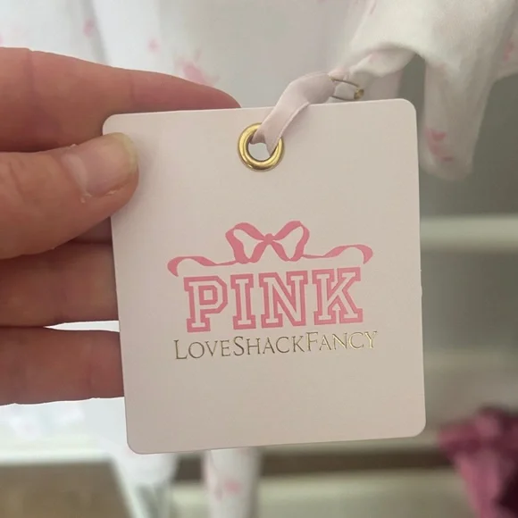 LoveShackFancy White Tee with Pink Metallic PINK Logo and Gold Accent - Picture 3 of 8